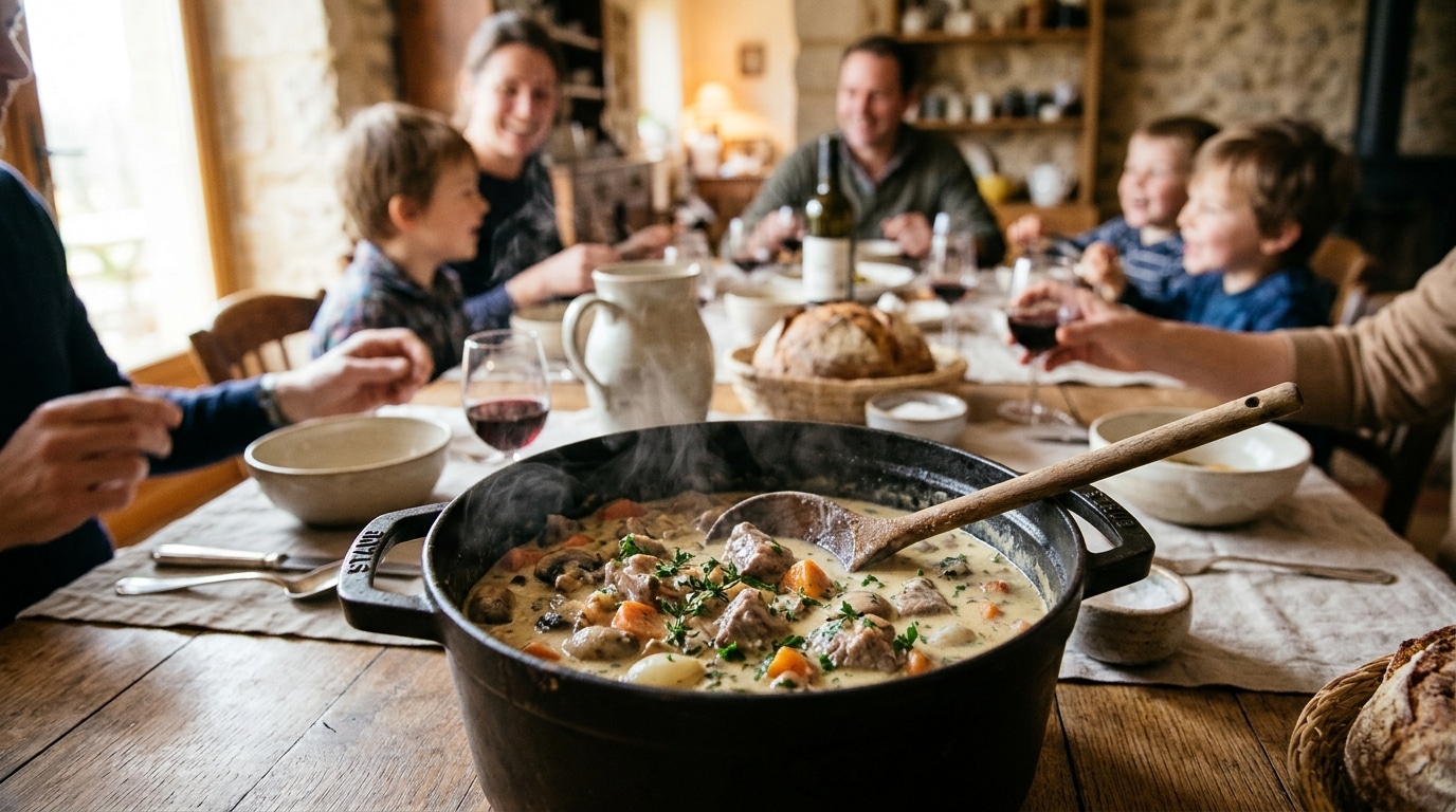 Cocotte de blanquette de veau fumante sur table en bois