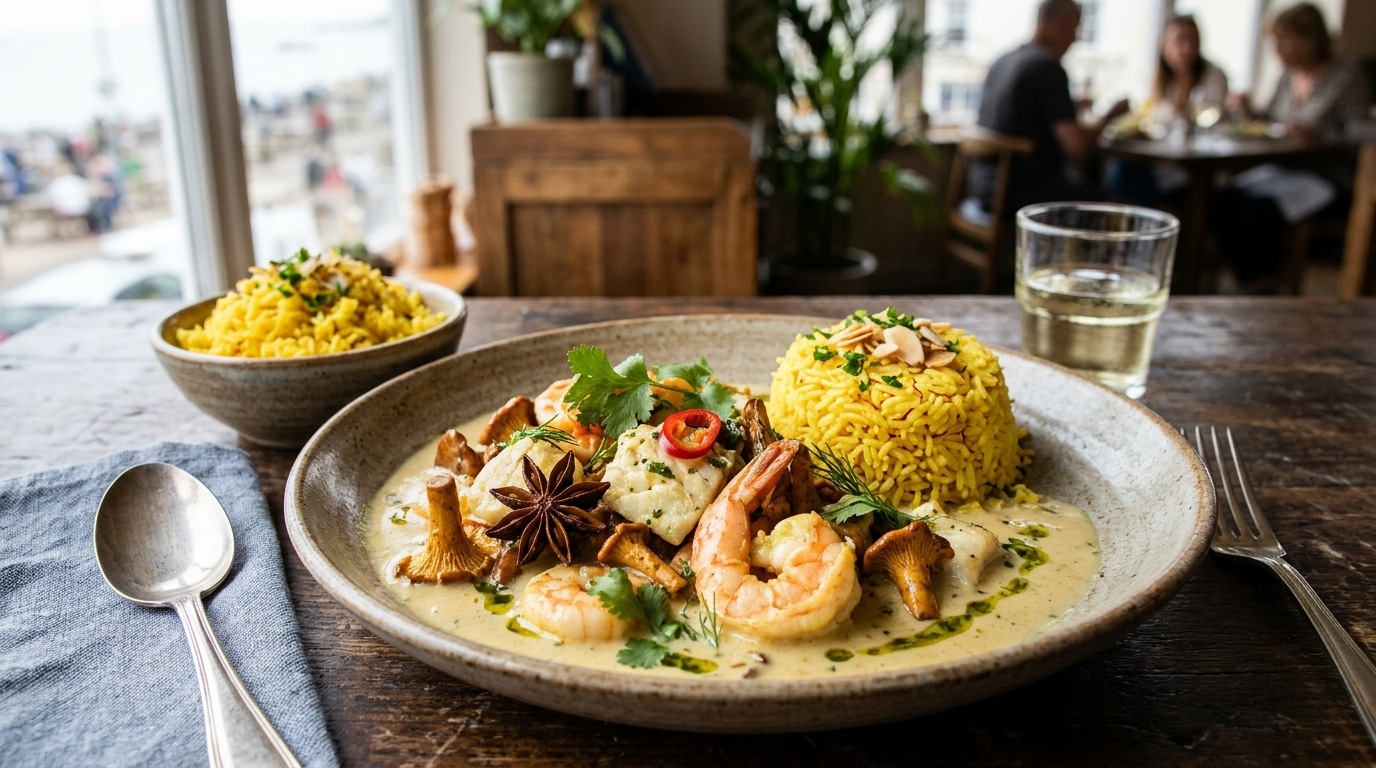 Blanquette de crevettes au lait de coco avec girolles et anis étoilé