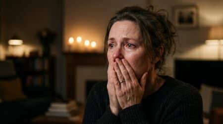 Femme bouleversée, mains sur la bouche, bougies en arrière-plan