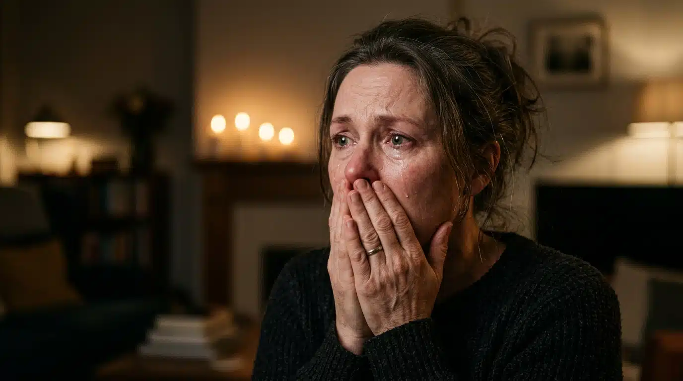 Femme bouleversée, mains sur la bouche, bougies en arrière-plan