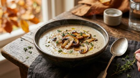 Velouté de champignons fumant garni de lamelles dorées