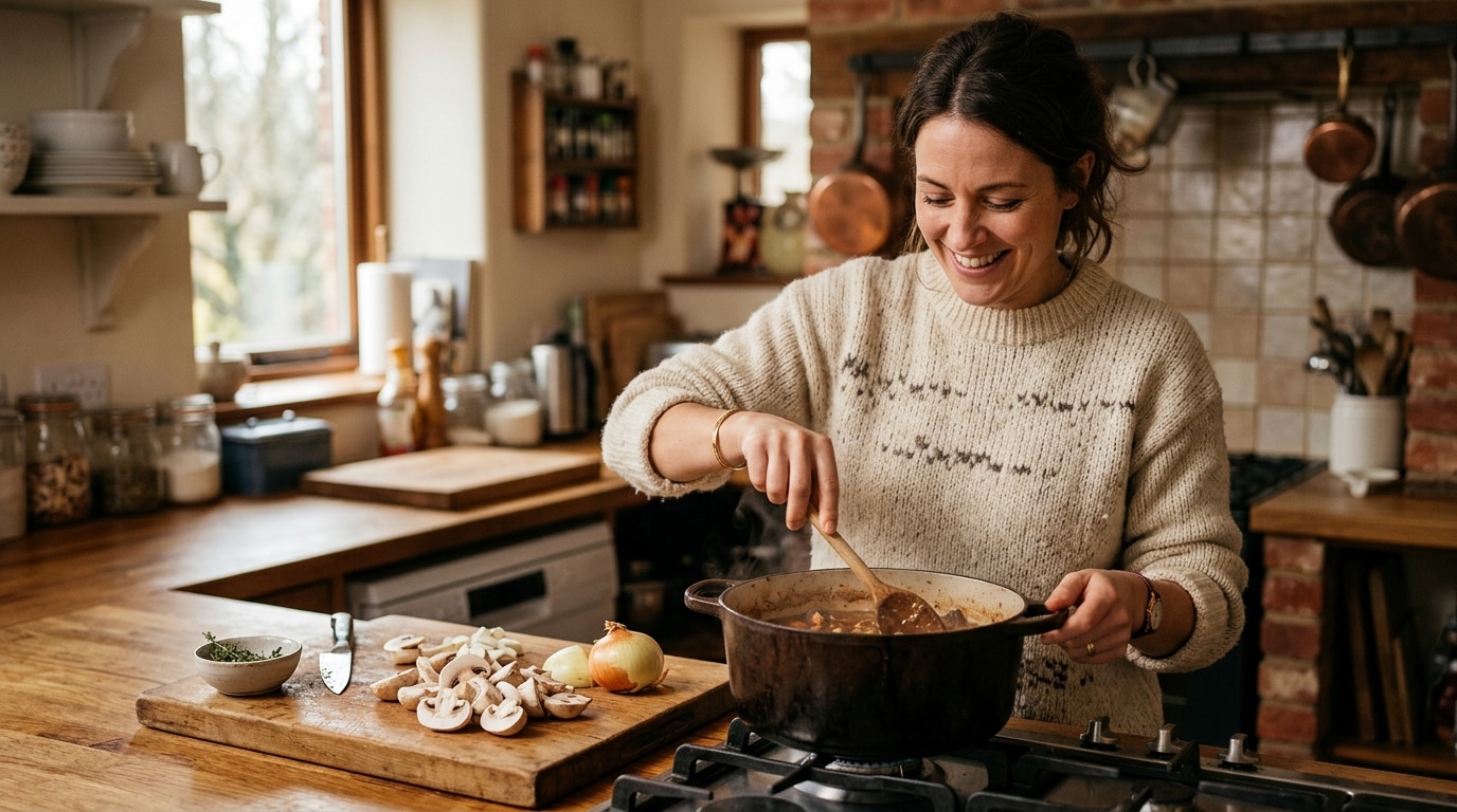 Femme remuant une cocotte de velouté dans une cuisine chaleureuse