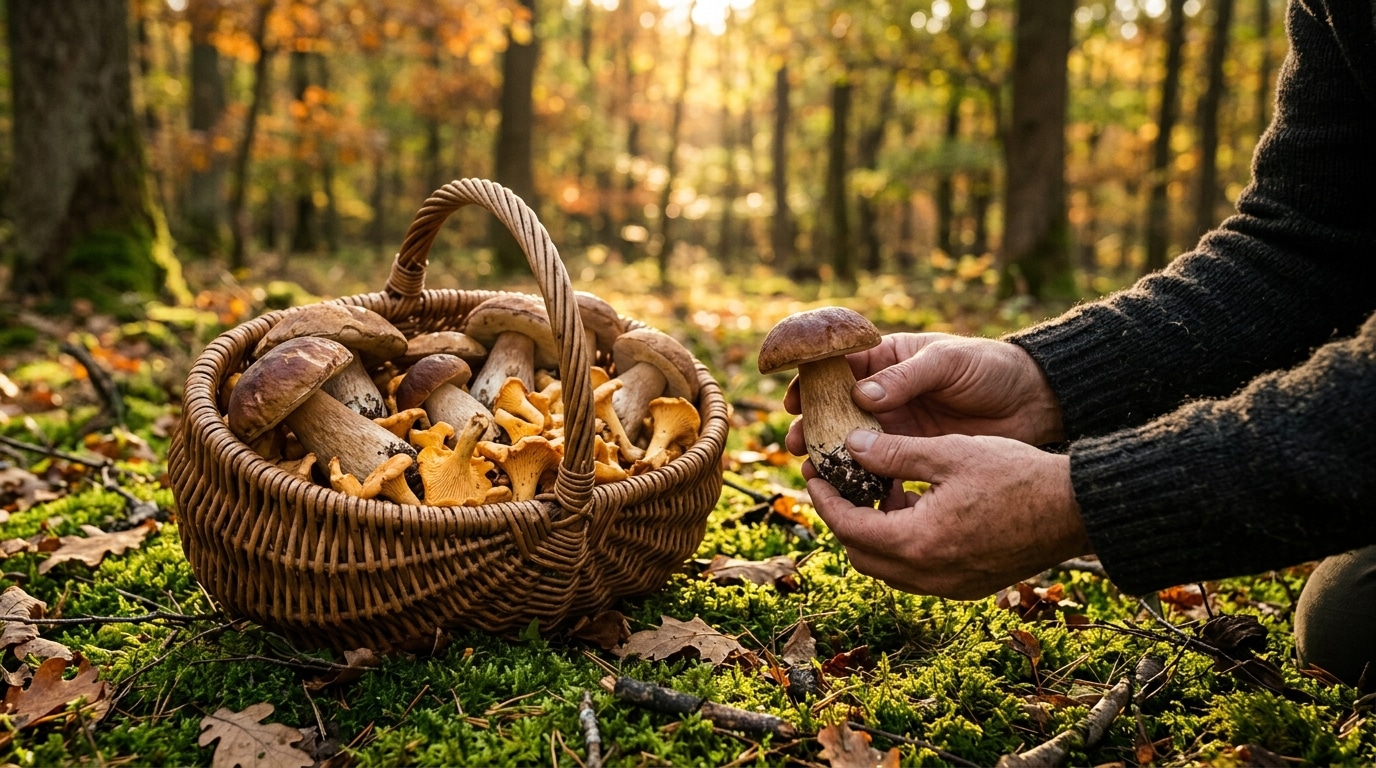 Panier de cèpes et girolles cueillis en forêt à l'automne