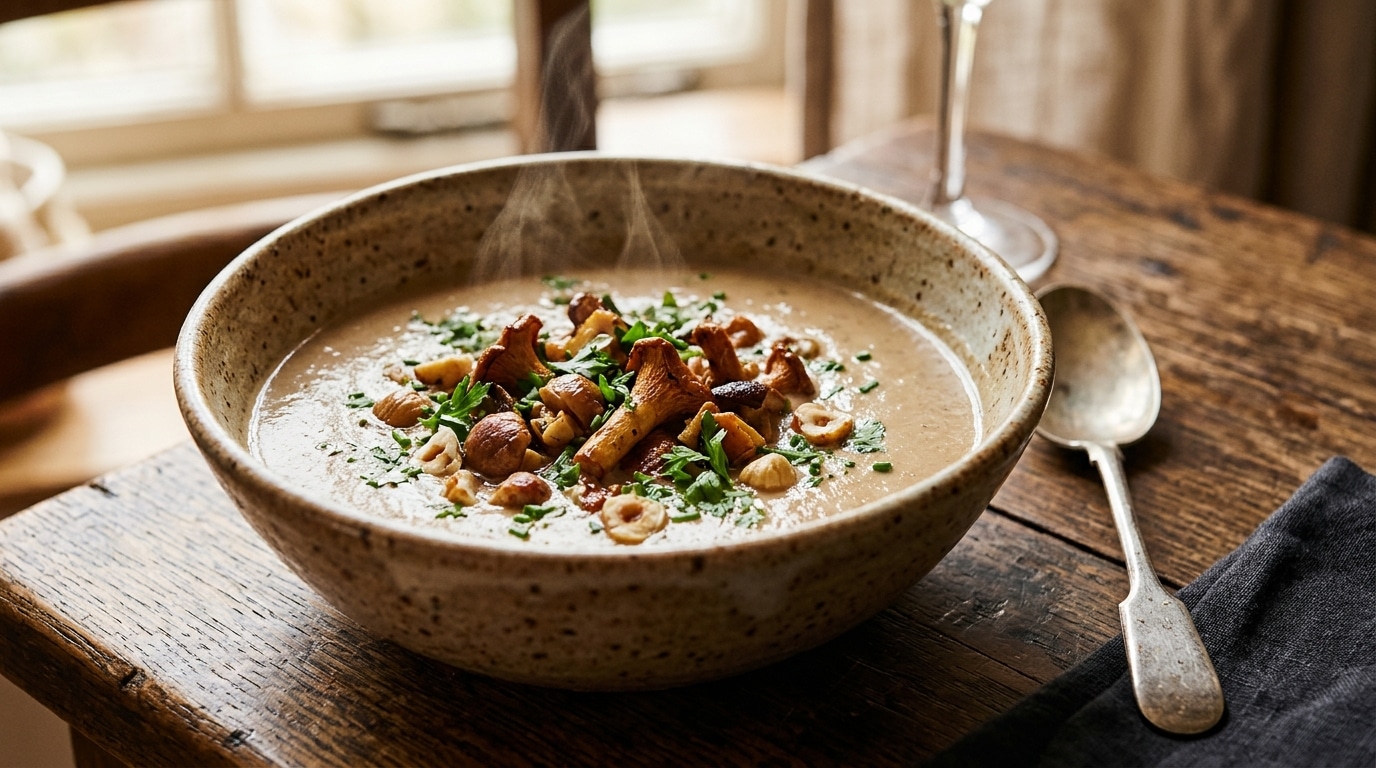Velouté de châtaignes et champignons avec topping croustillant