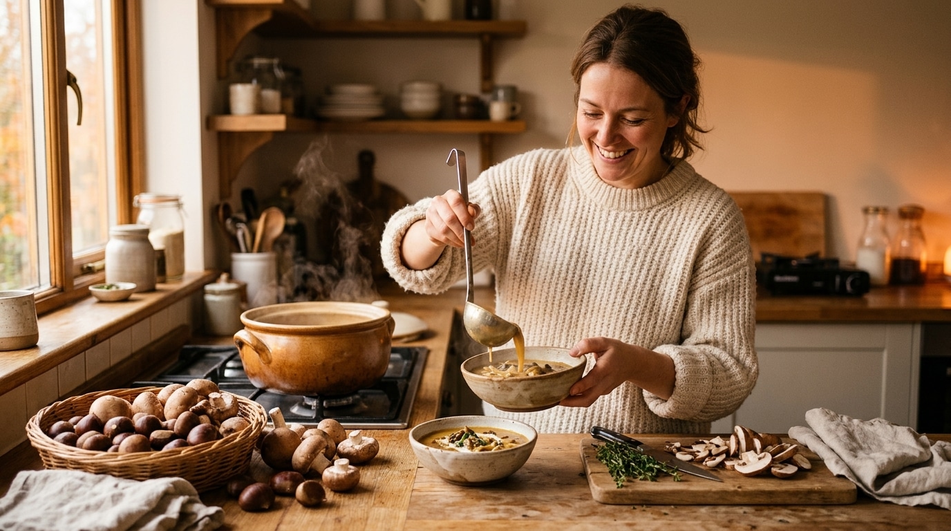 Femme servant une soupe de champignons dans une cuisine chaleureuse