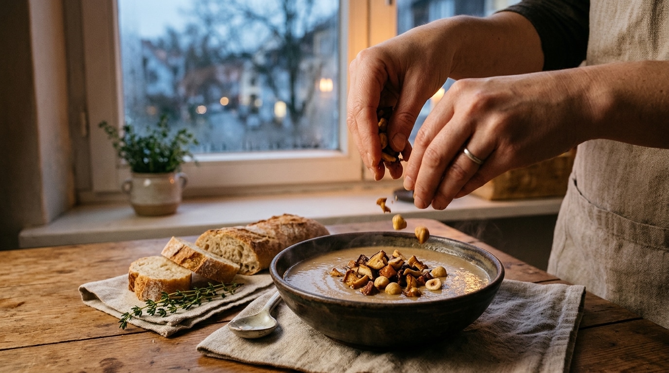 Topping de champignons croustillants et noisettes sur un velouté