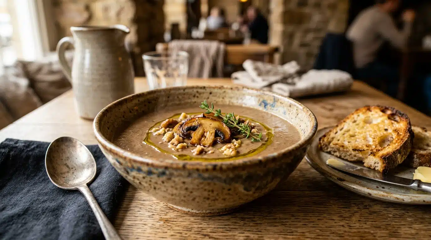 Bol de velouté de châtaignes garni de champignons poêlés
