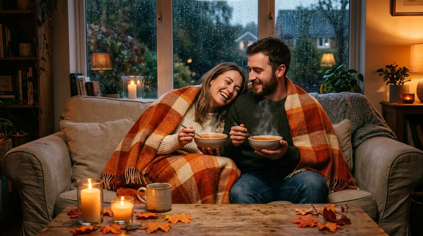 Couple blotti sous un plaid avec un bol de soupe