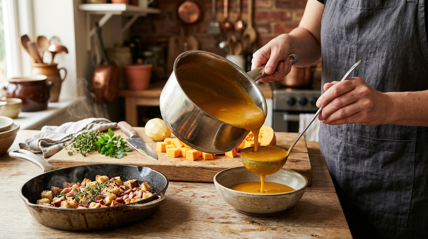 Préparation du velouté de potiron avec lardons et croûtons