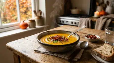 Bol de velouté de potiron au lard grillé fumant