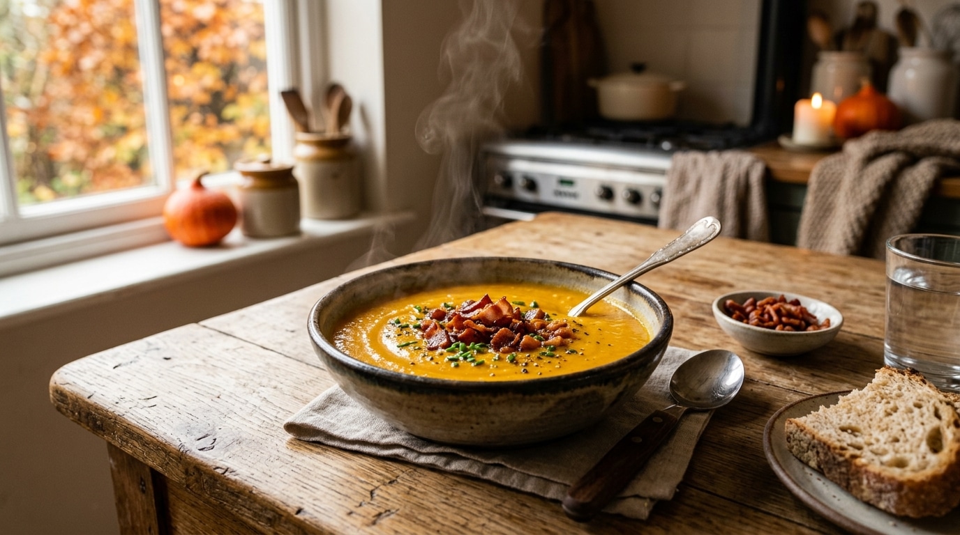 Bol de velouté de potiron au lard grillé fumant