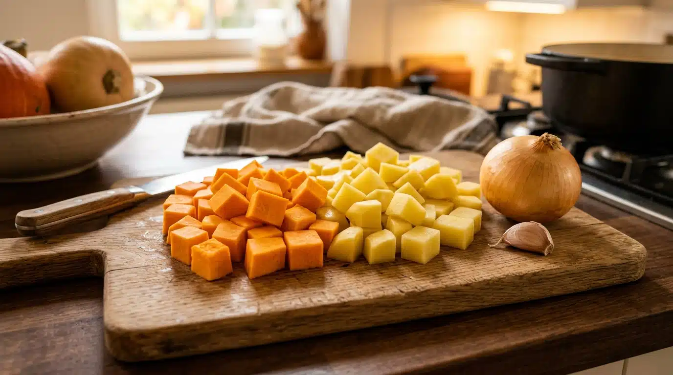 Cubes de potiron et pommes de terre sur une planche