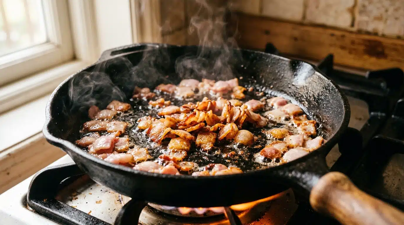 Dés de lard dorés dans une poêle en fonte