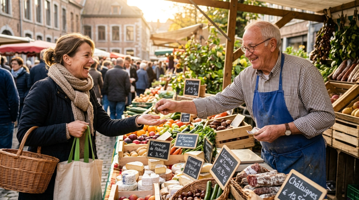 Vendeur souriant rendant la monnaie sur un marché