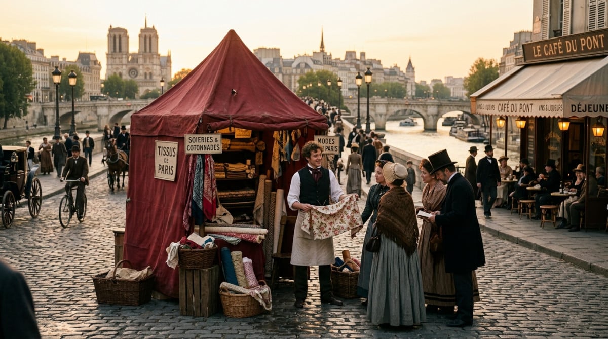 Vendeur sous une tente rouge sur le Pont-Neuf en 1870