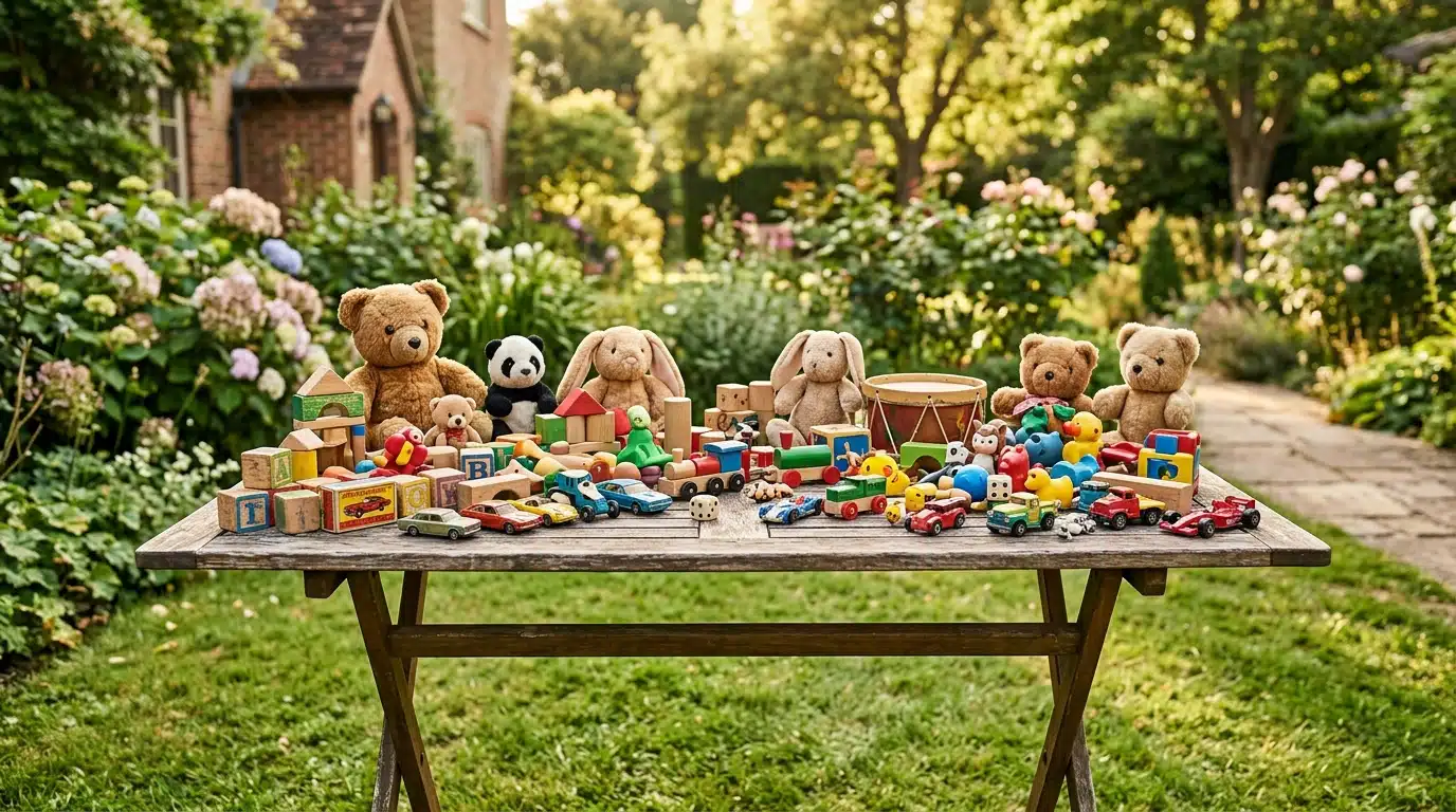 Table de jouets d'occasion installée sur une pelouse ensoleillée