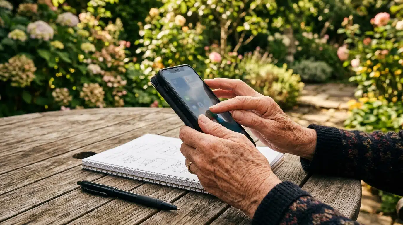 Mains de grand-mère tenant un téléphone près d'un carnet
