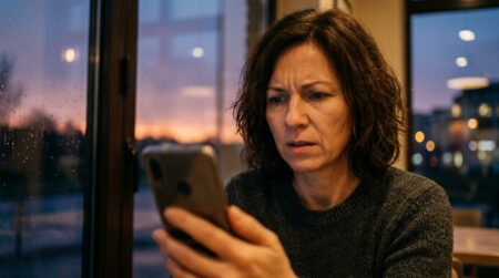 Femme tendue regardant son téléphone au crépuscule
