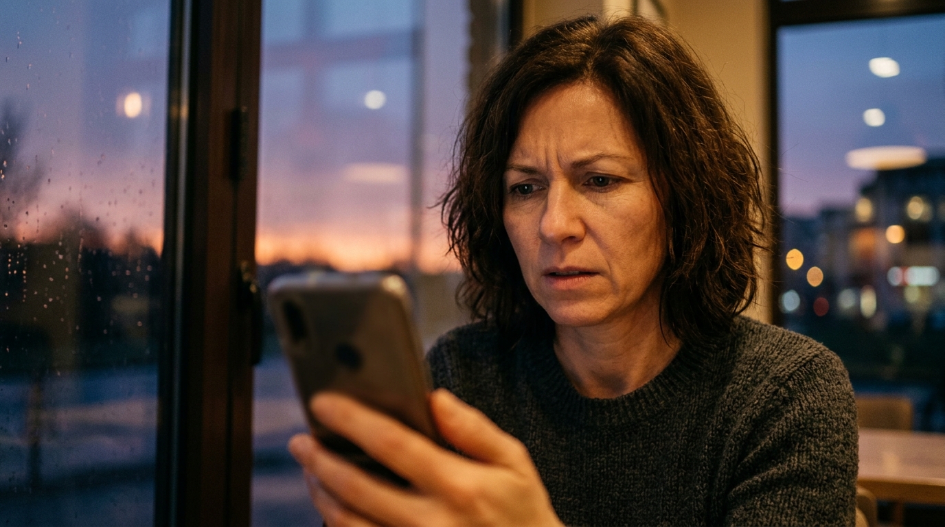 Femme tendue regardant son téléphone au crépuscule