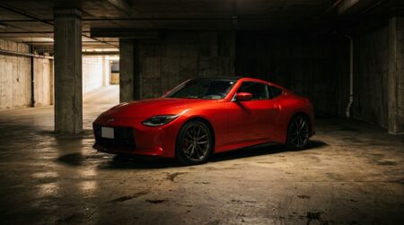 Coupé sportif rouge seul dans un garage sombre