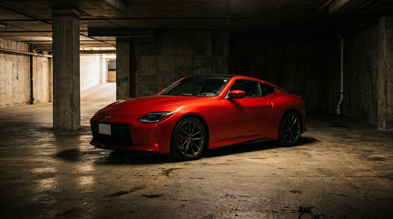 Coupé sportif rouge seul dans un garage sombre