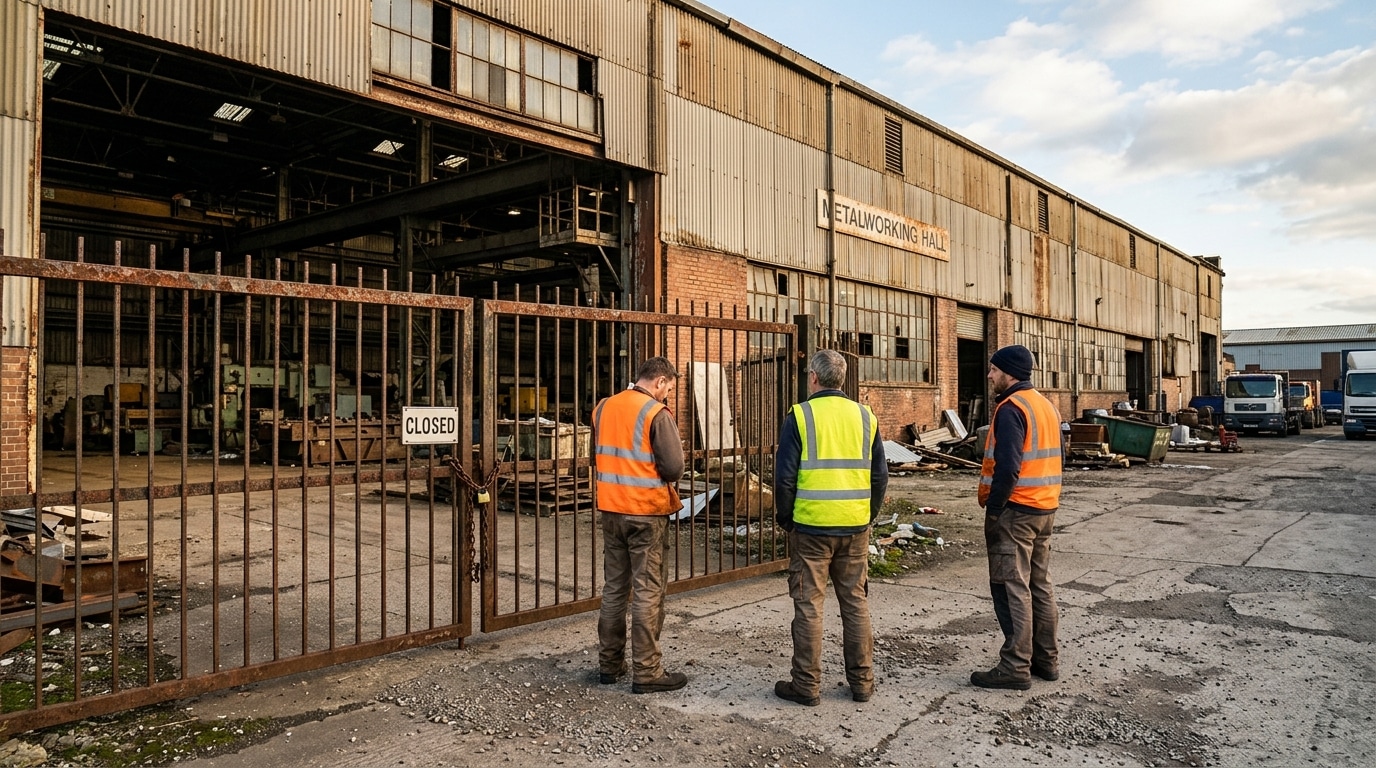 Ouvriers devant une usine métallurgique aux grilles fermées