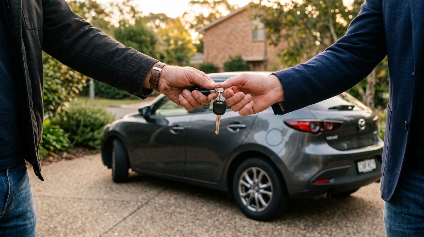 Poignée de main et échange de clés devant une voiture garée