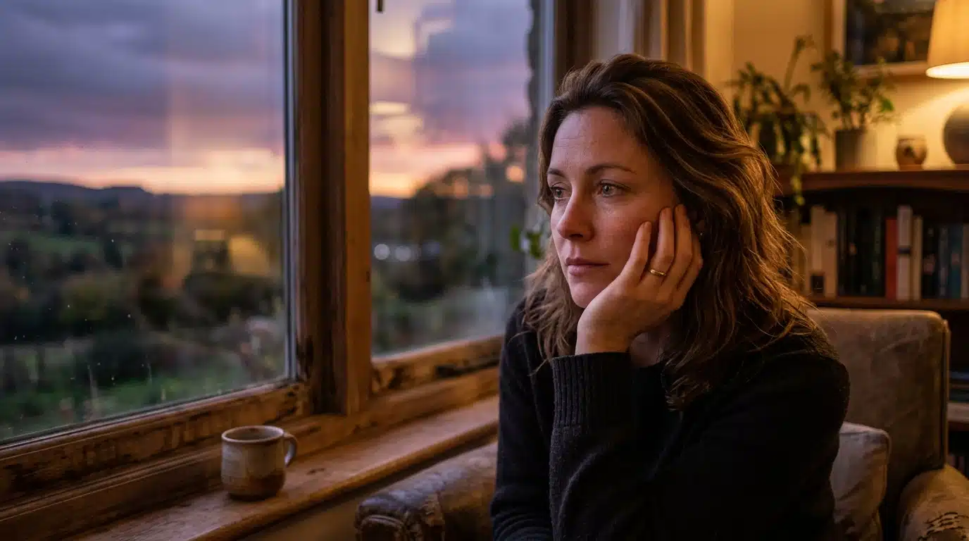 Femme pensive à sa fenêtre au crépuscule