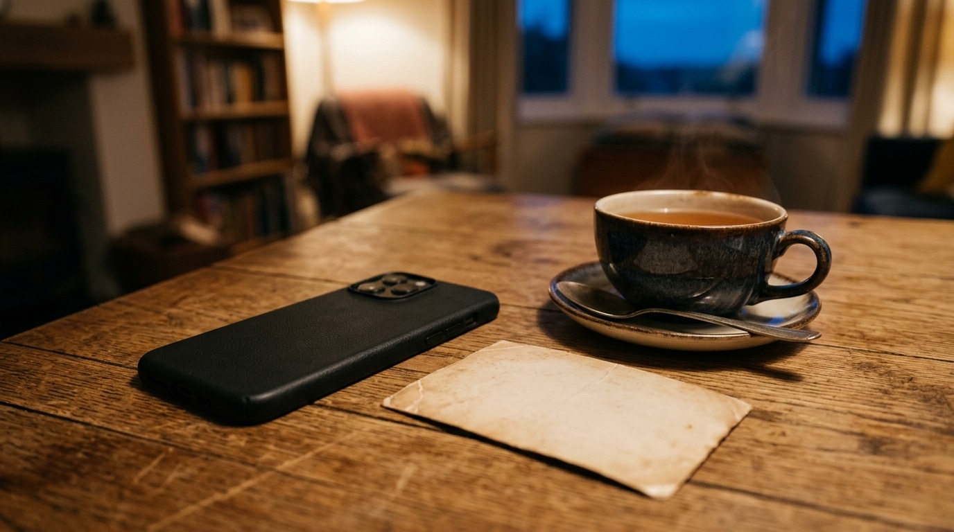 Téléphone retourné près d'une vieille photographie sur une table