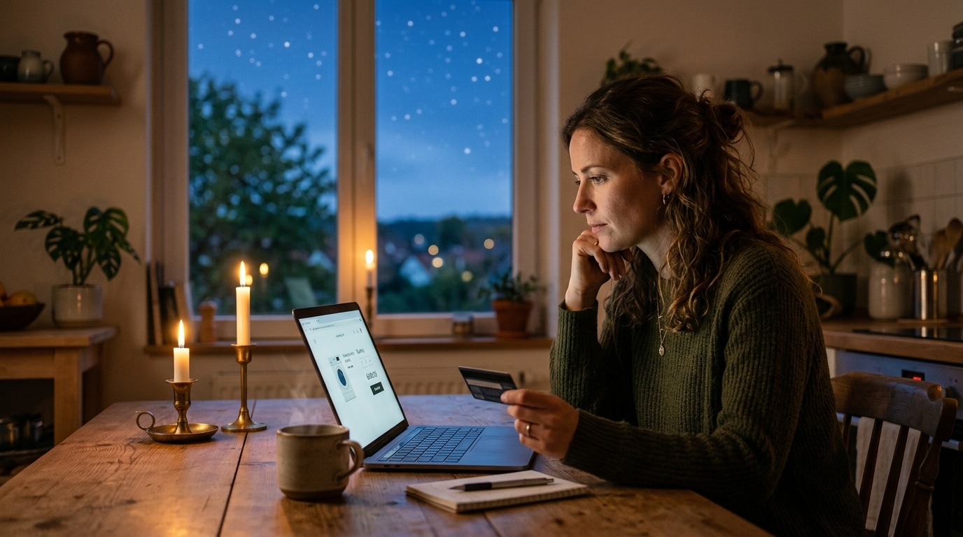 Femme hésitant devant un panier d'achat électroménager