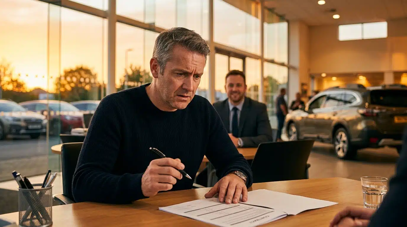 Homme sur le point de signer un contrat chez un concessionnaire
