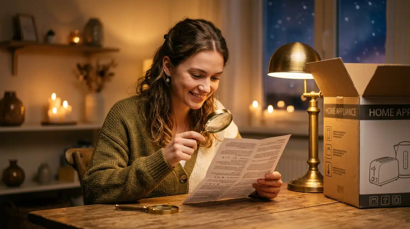 Femme lisant attentivement les conditions de garantie d'un appareil