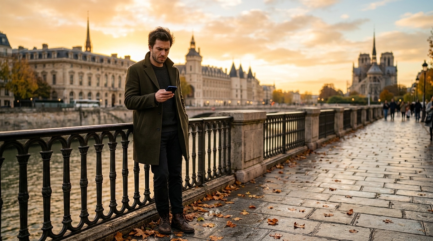 Homme pensif regardant son téléphone sur un pont en automne