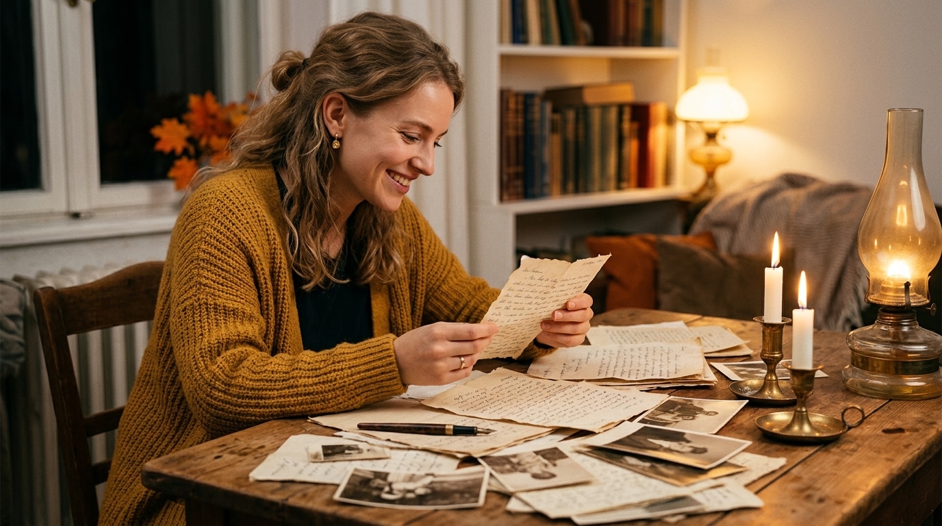 Femme relisant d'anciennes lettres à la lueur des bougies