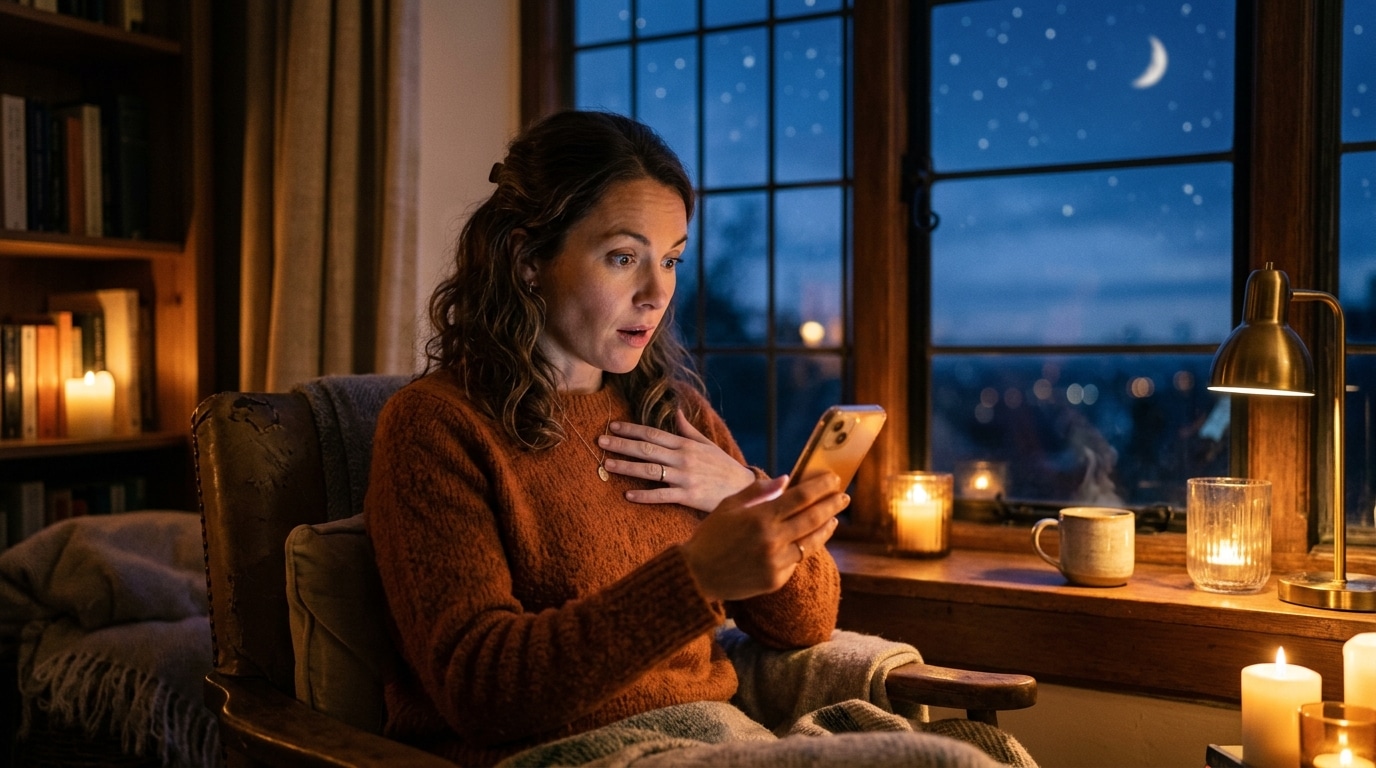 Femme surprise par un message au crépuscule