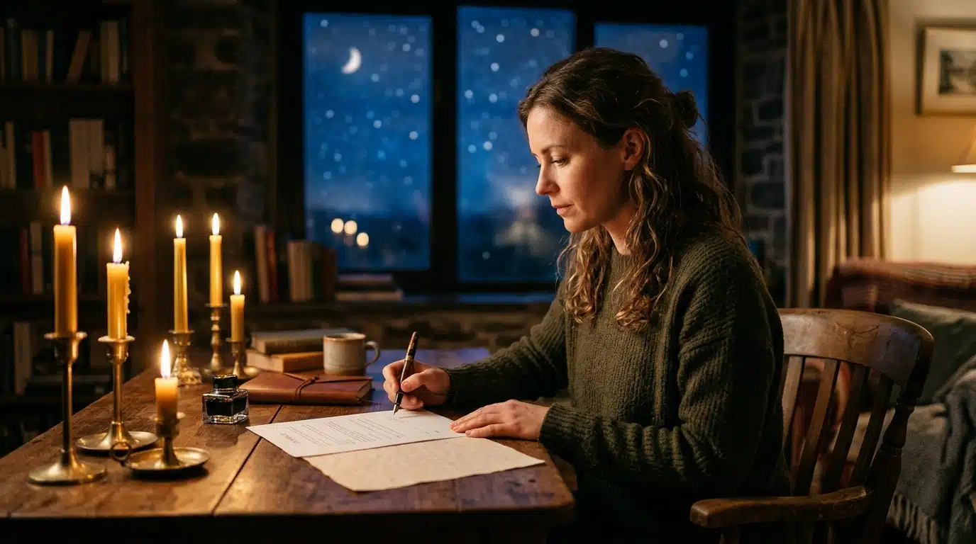 Femme hésitant à signer un contrat à la lueur des bougies