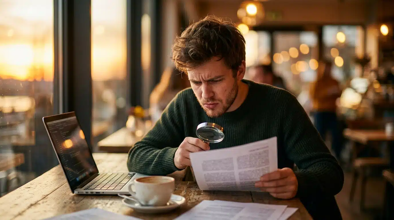 Homme relisant attentivement un document avec une loupe