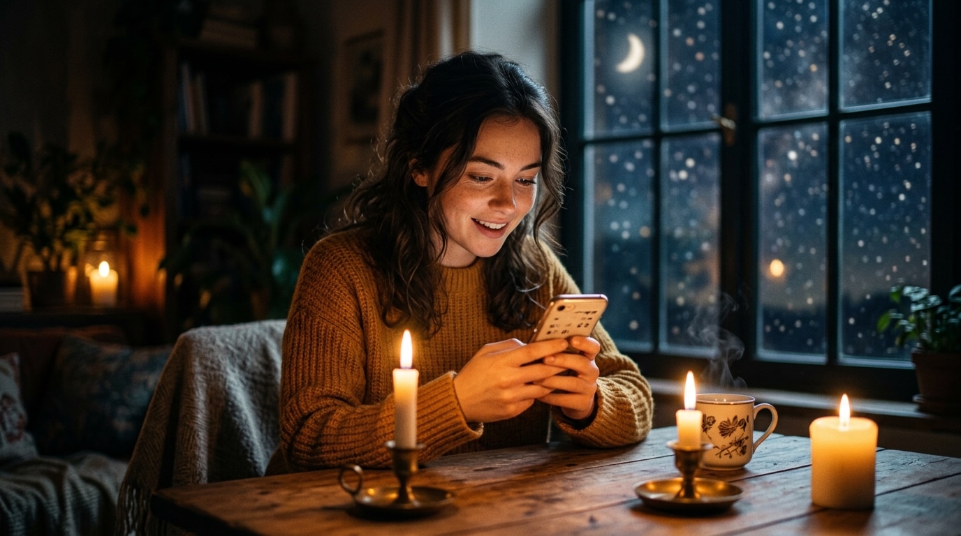 Femme souriante lisant un message à la bougie
