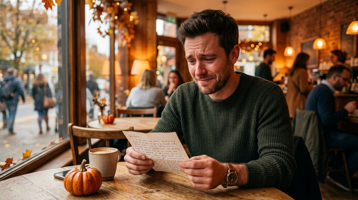 Homme ému tenant un mot manuscrit dans un café