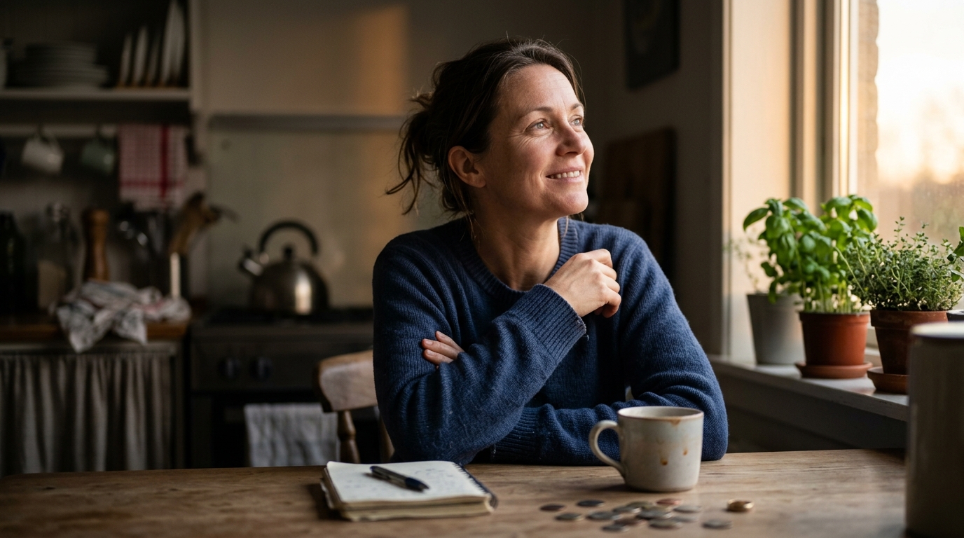 Femme souriante soulagée à sa table de cuisine