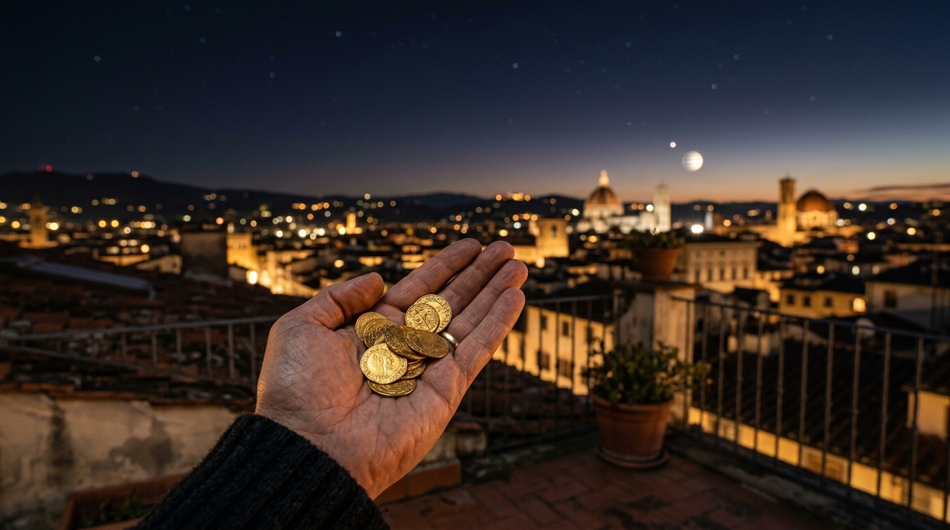 Main tenant des pièces d'or devant un ciel nocturne