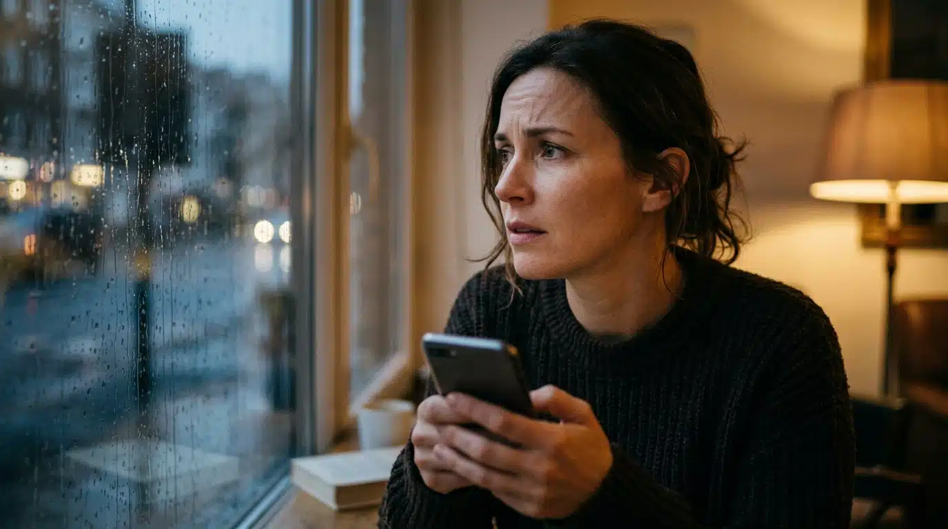 Femme songeuse près d'une fenêtre pluvieuse avec son téléphone