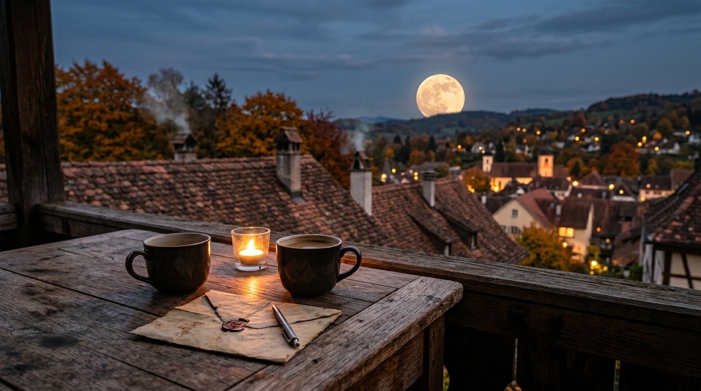 Pleine Lune sur des toits d'automne et tasses de café