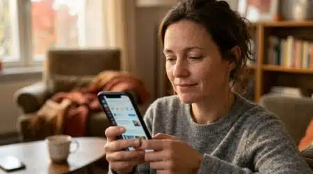 Femme fatiguée tenant son smartphone dans un salon d'automne