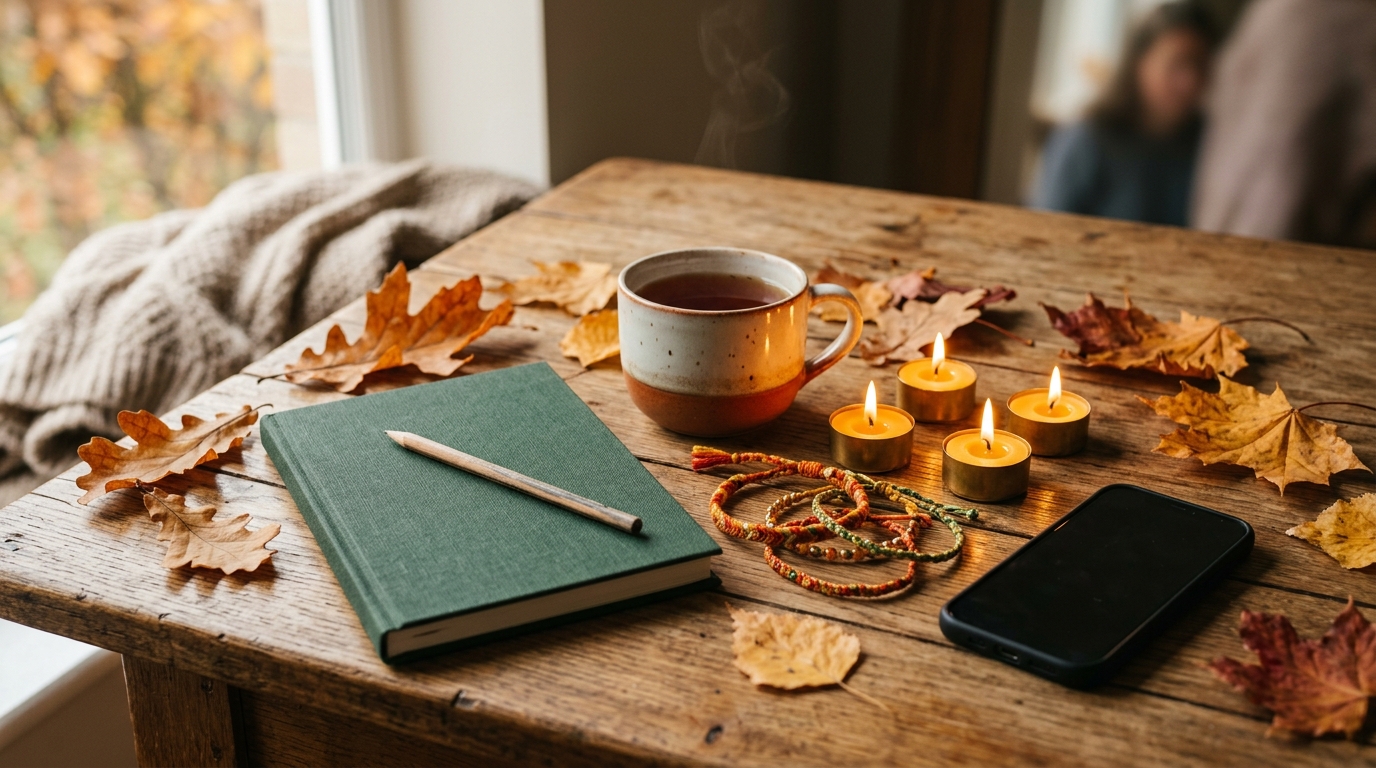 Bougies dorées, bracelets et carnet fermé sur une table en bois