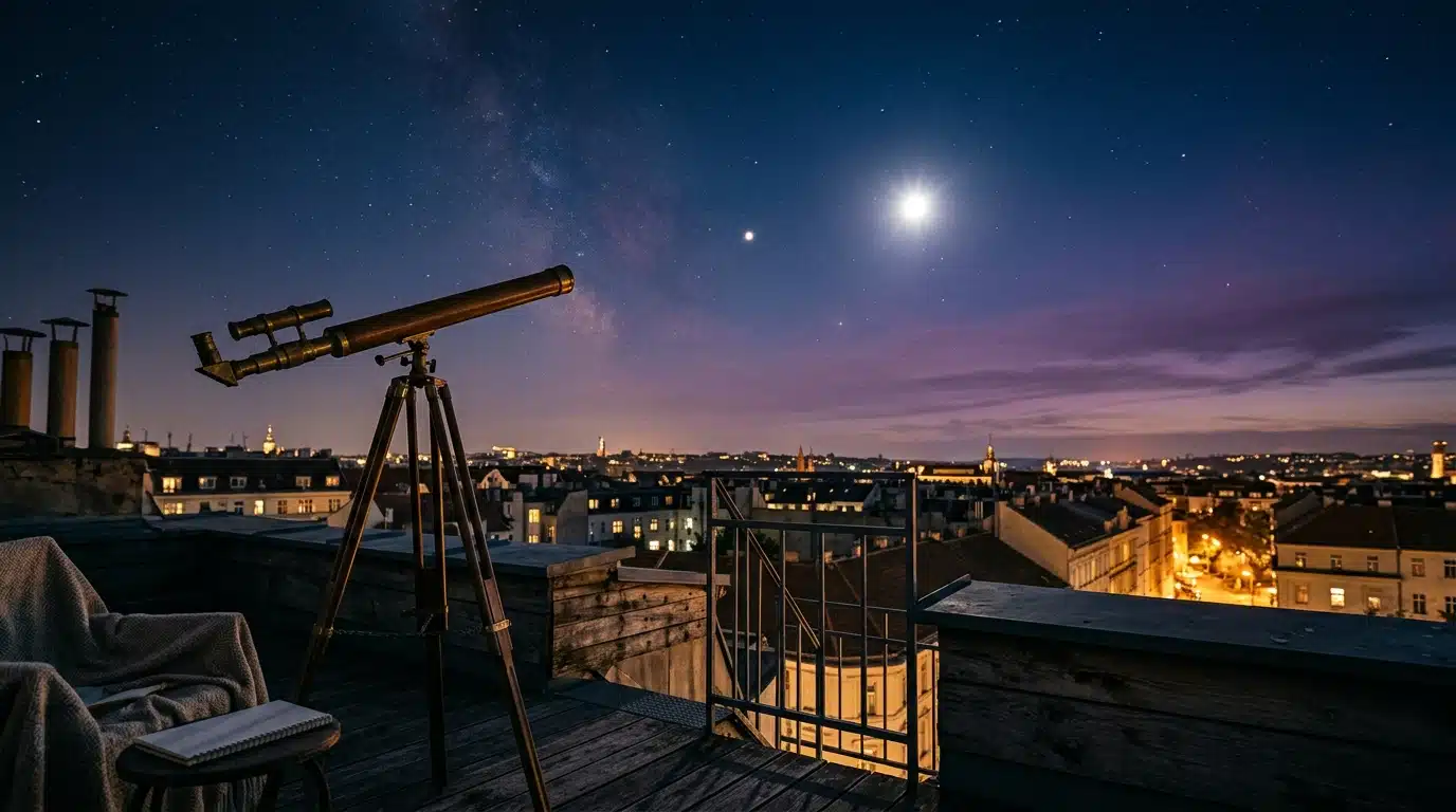 Ciel nocturne avec Vénus brillante au-dessus des toits