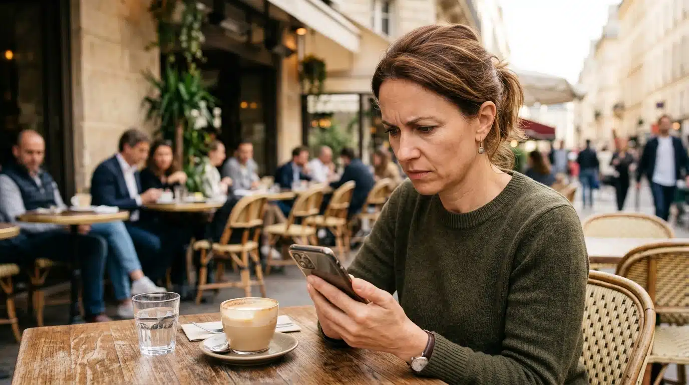 Femme songeuse au café regardant son téléphone