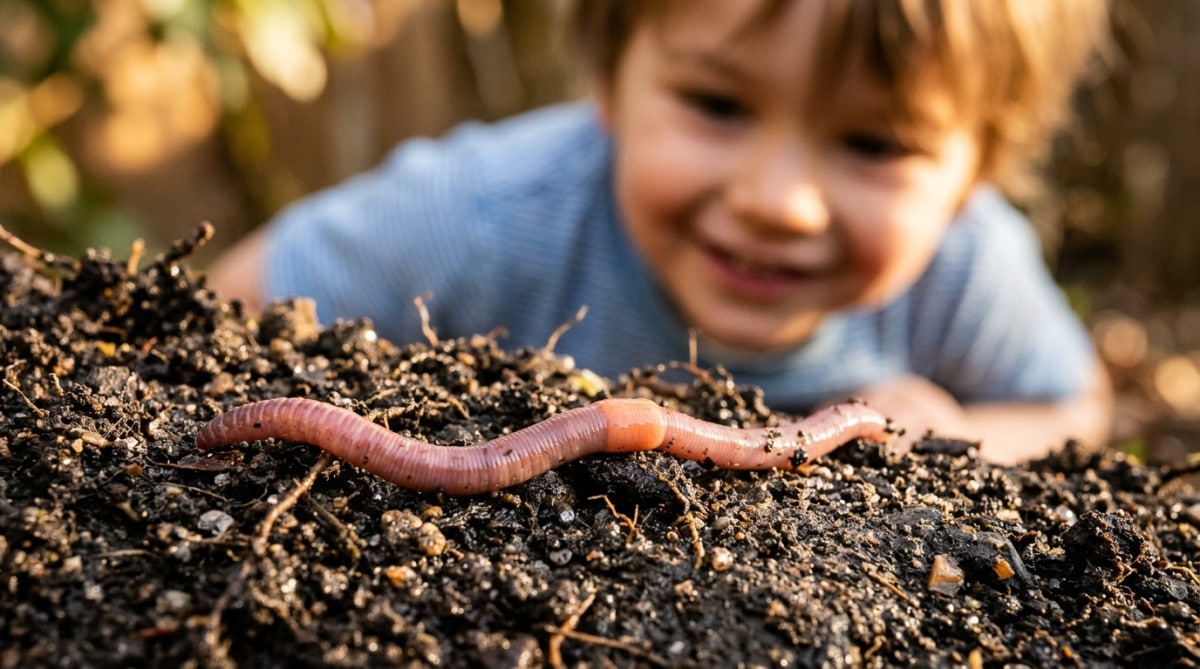 Ver de terre et son clitellum sur la terre, enfant curieux