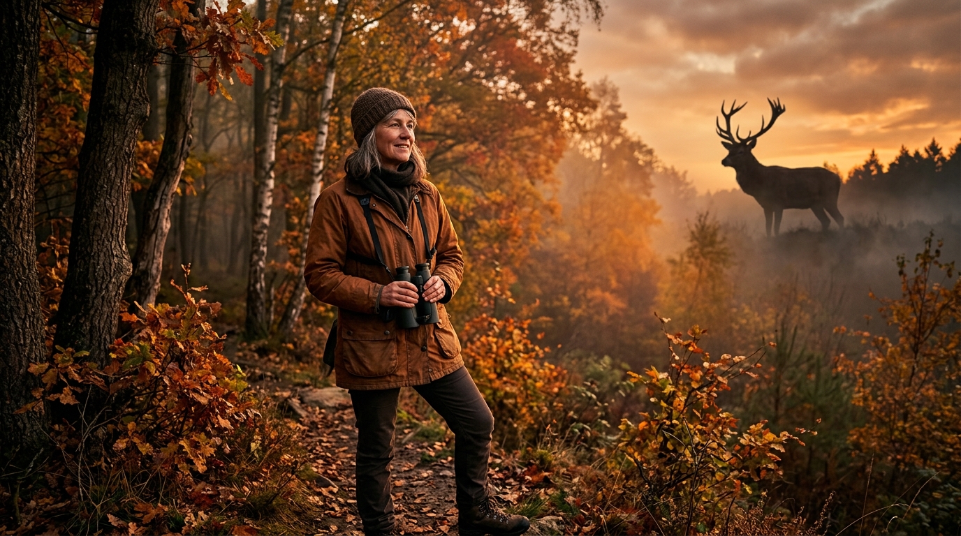 Promeneuse avec jumelles en forêt au crépuscule