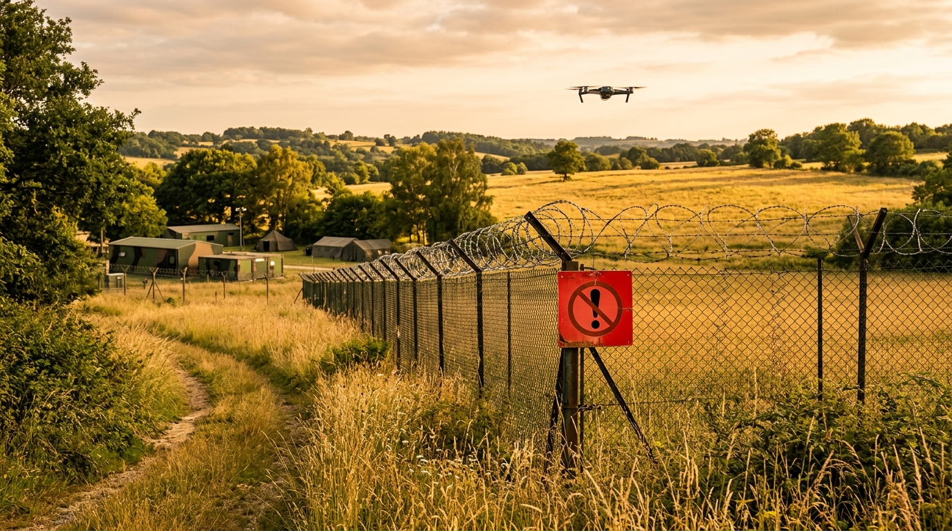 Clôture d'un camp militaire survolée par un drone